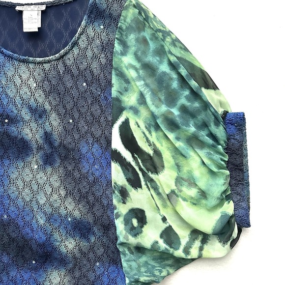 Alberto Makali Blouse Top S Small Chiffon Crochet Sequin Blue Green Art - Picture 2 of 11